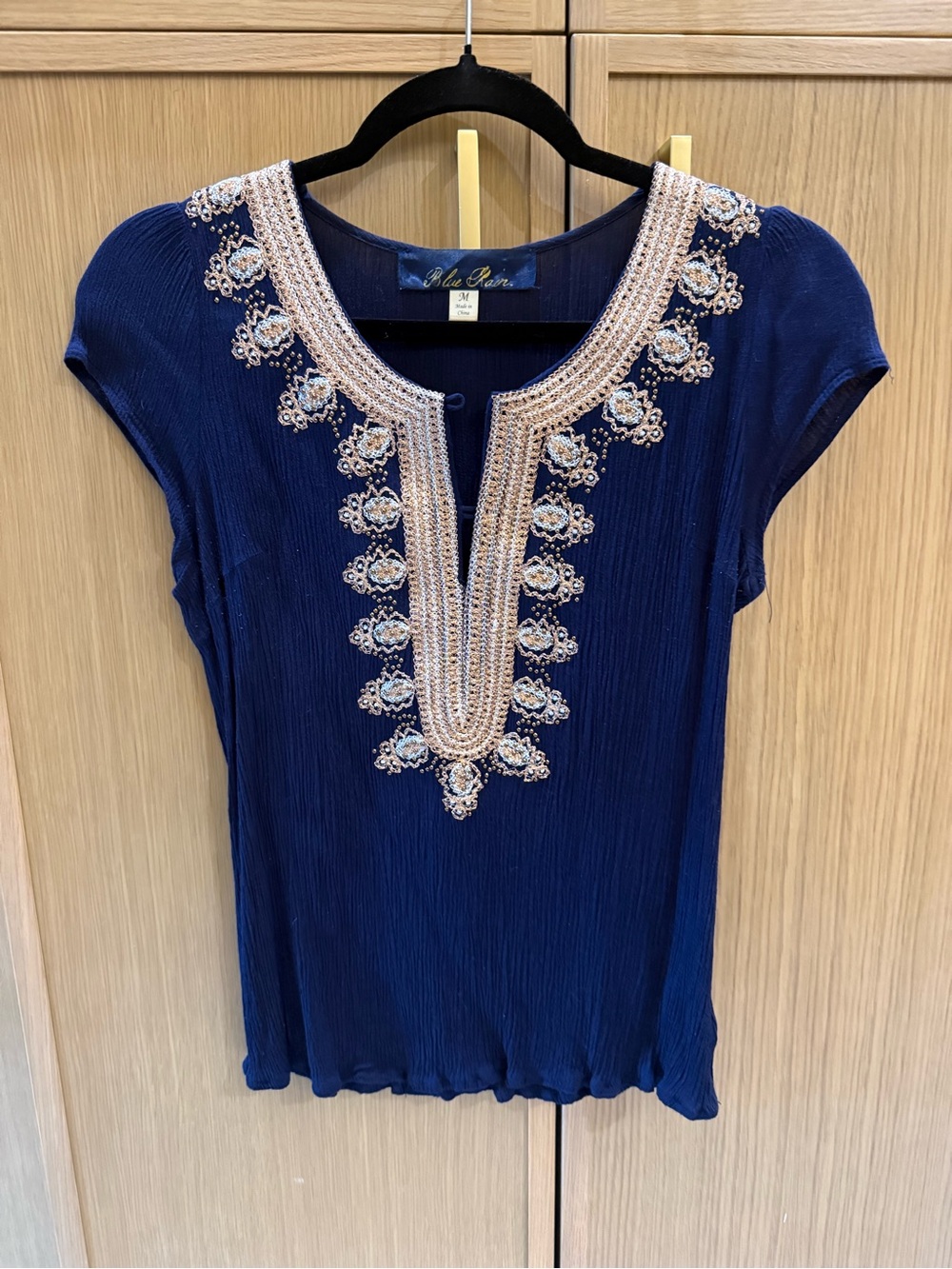 Blue Rain Navy Scoop Neck Top with Cream & Gold Embellishment